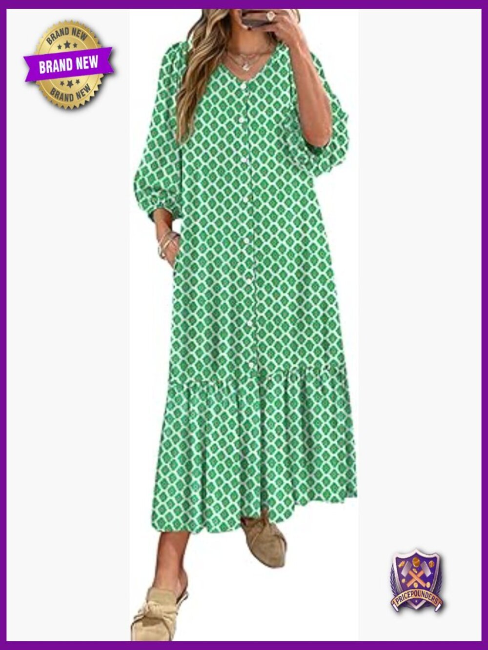 Boho Maxi Dress Puff Sleeve V-Neck Flowy Long Dress with Pockets